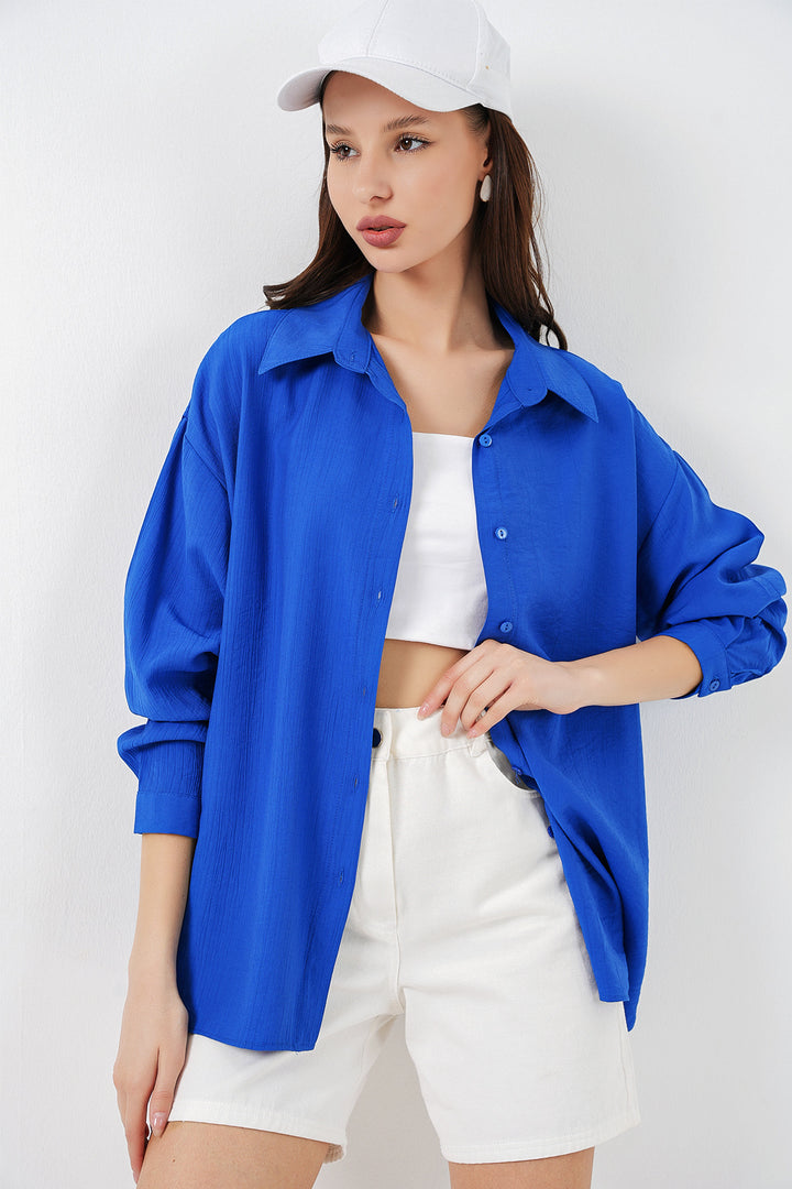 BGD Women Kadın Uzun Oversize Gömlek 20334 - Saks - Calpulalpan