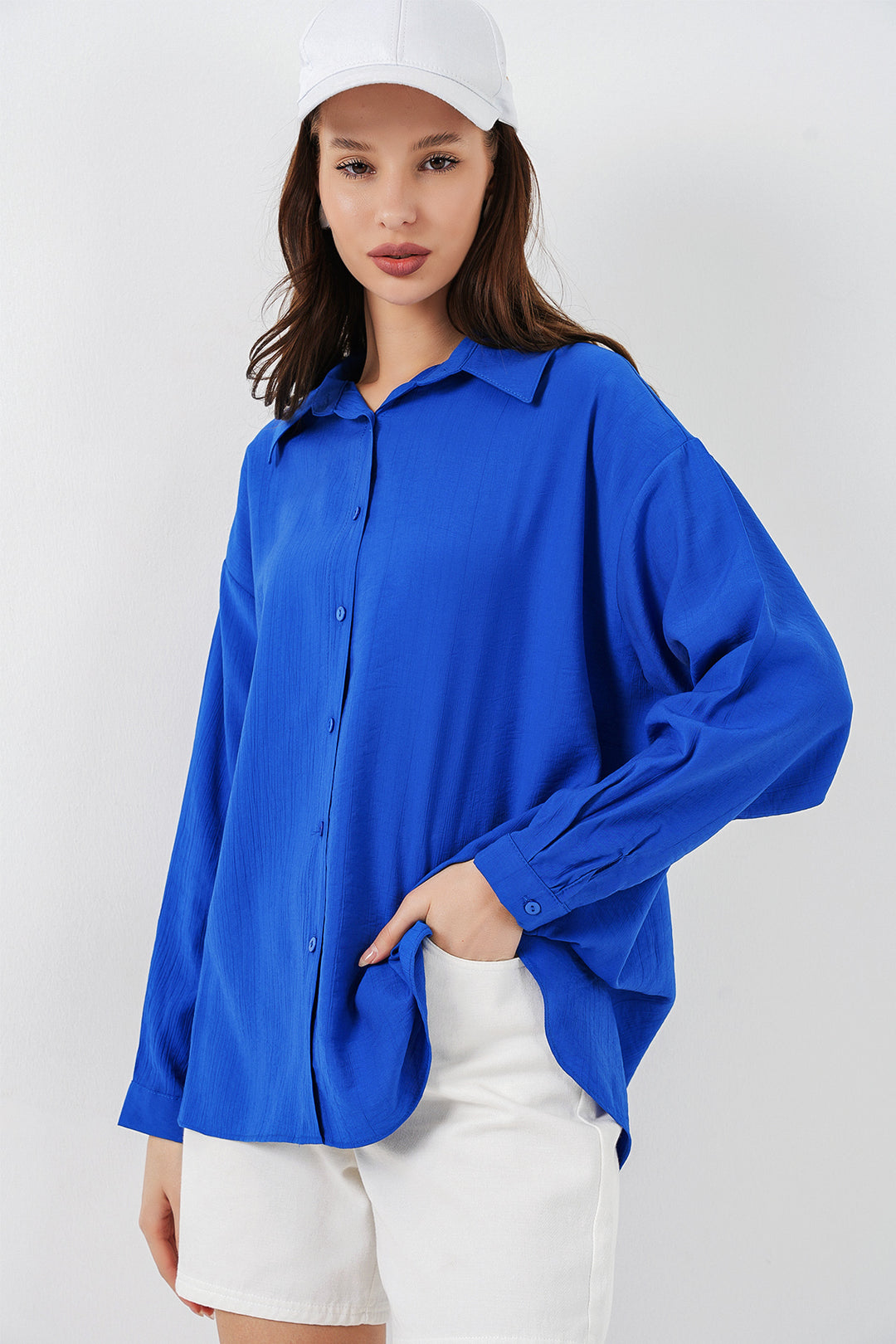 BGD Women Kadın Uzun Oversize Gömlek 20334 - Saks - Calpulalpan