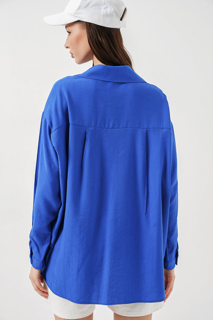 BGD Women Kadın Uzun Oversize Gömlek 20334 - Saks - Calpulalpan