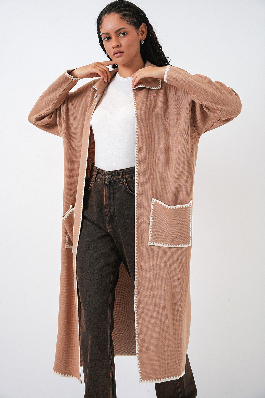 BGD Women Kadın Uzun Oversize Triko Hırka 15962 - Camel - Dunedin