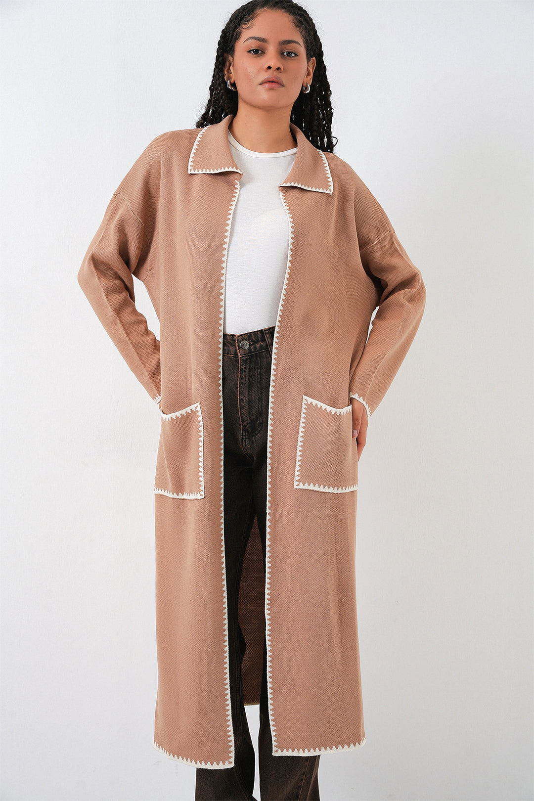 BGD Women Kadın Uzun Oversize Triko Hırka 15962 - Camel - Dunedin