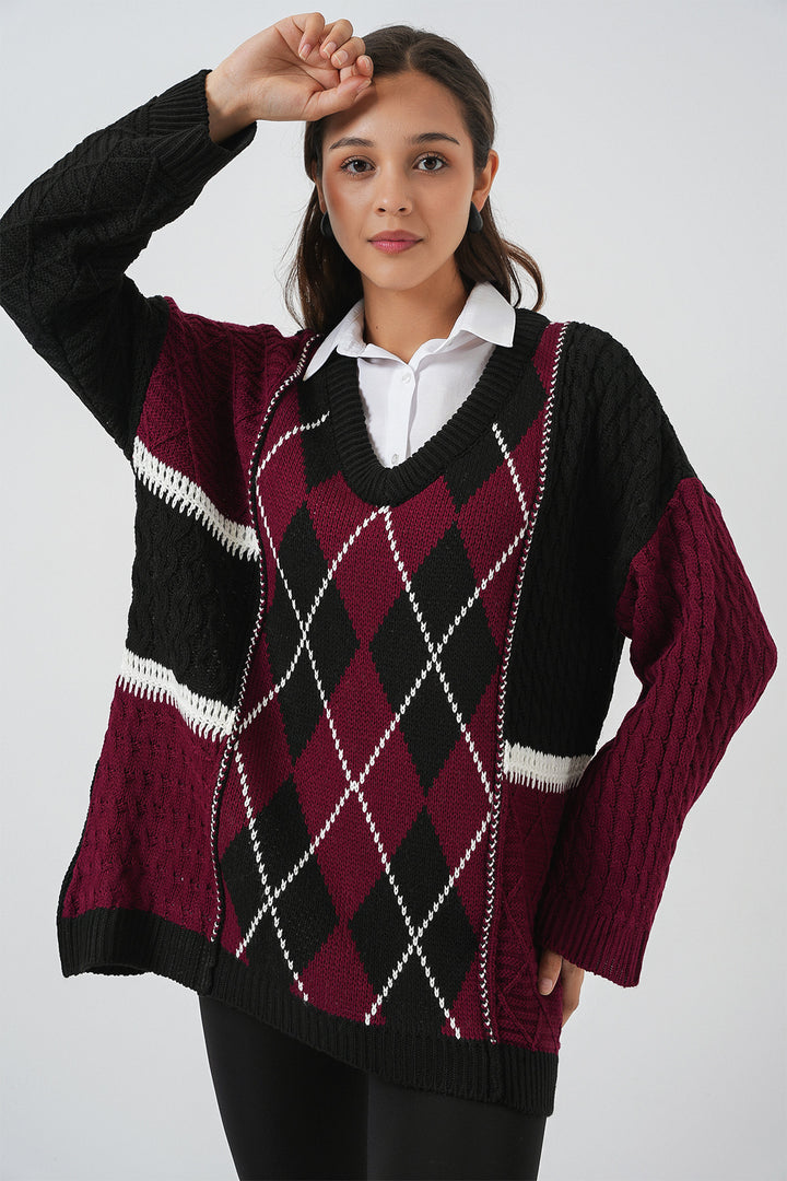 BGD Women Woman V-Neck Patterned Sweater 15933 - Burgundy - Ravenna