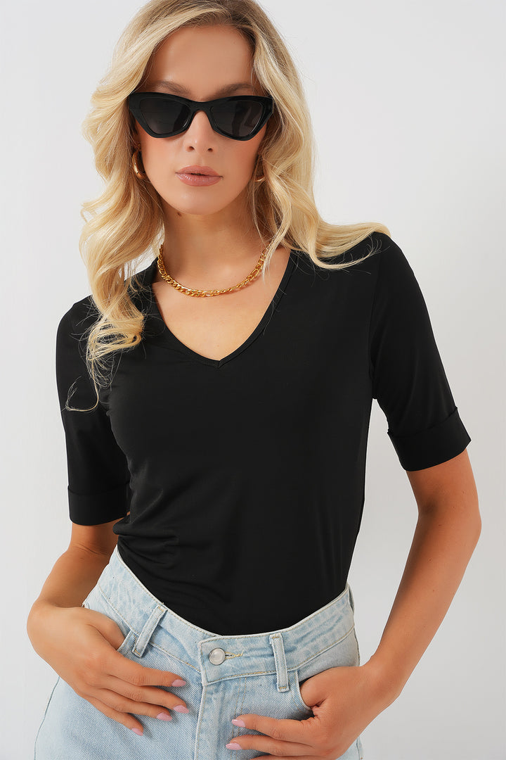 BGD Women Women's V-Neck Short Sleeve Basic Blouse 955 - Black - Marano di Napoli