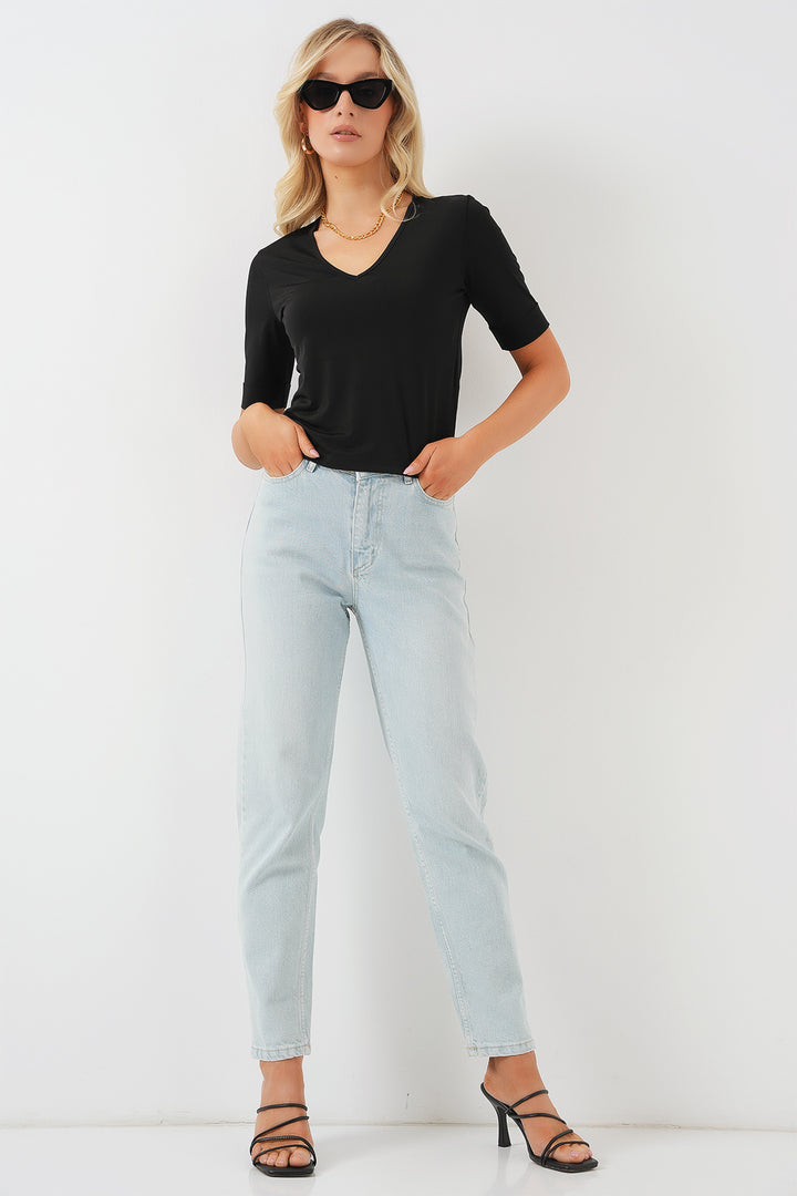 BGD Women Women's V-Neck Short Sleeve Basic Blouse 955 - Black - Marano di Napoli