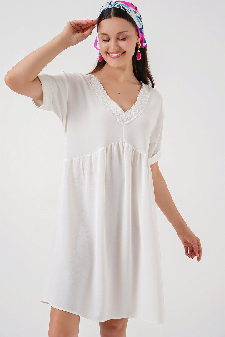 BGD Women Woman V Neck Short Sleeve Dress 2567 - White - Bowling Green