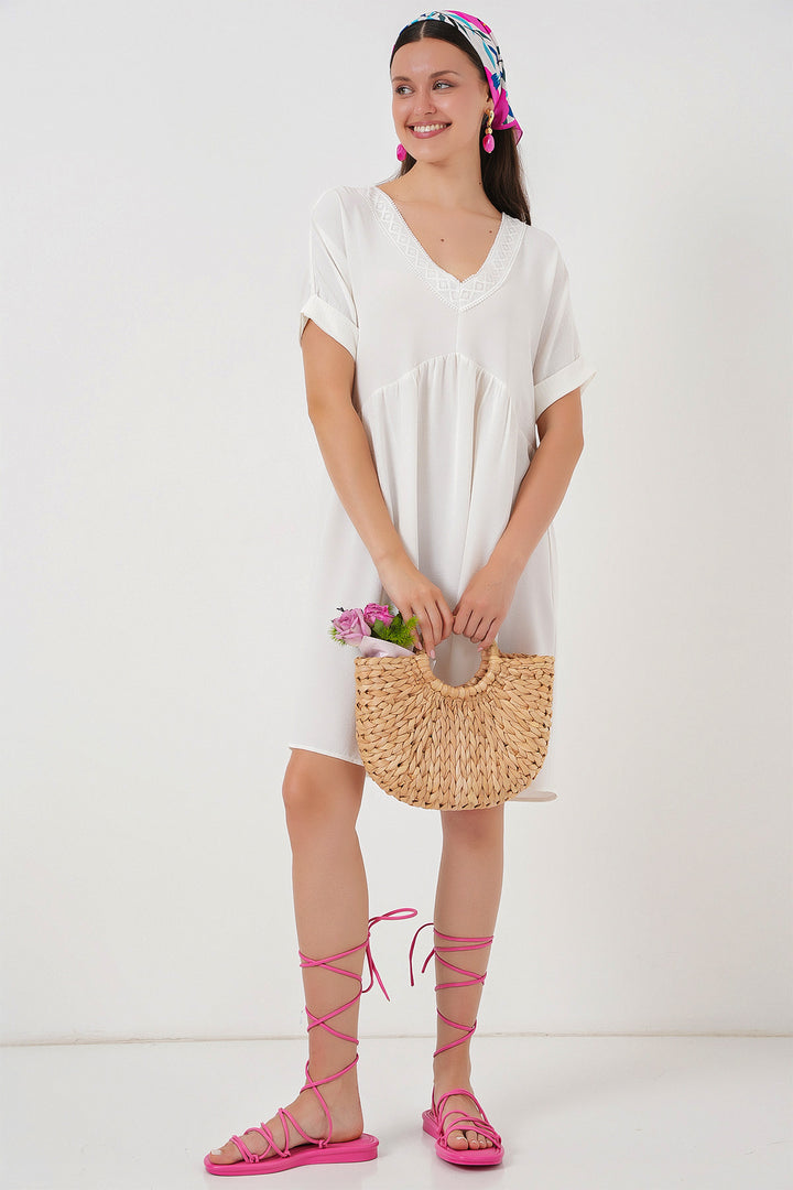 BGD Women Woman V Neck Short Sleeve Dress 2567 - White - Bowling Green