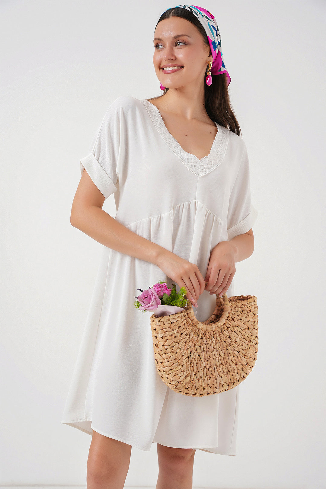 BGD Women Woman V Neck Short Sleeve Dress 2567 - White - Bowling Green