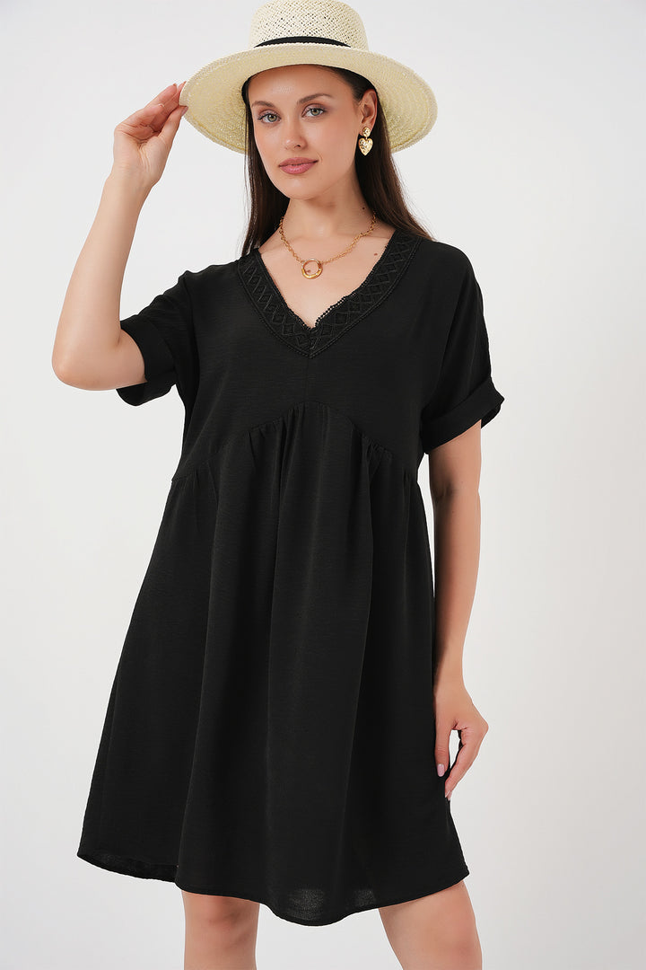 BGD Women Woman V Neck Short Sleeve Dress 2567 - Black - Attleboro