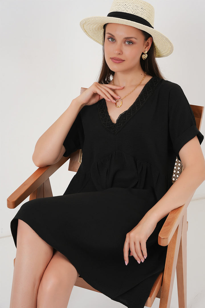 BGD Women Woman V Neck Short Sleeve Dress 2567 - Black - Attleboro