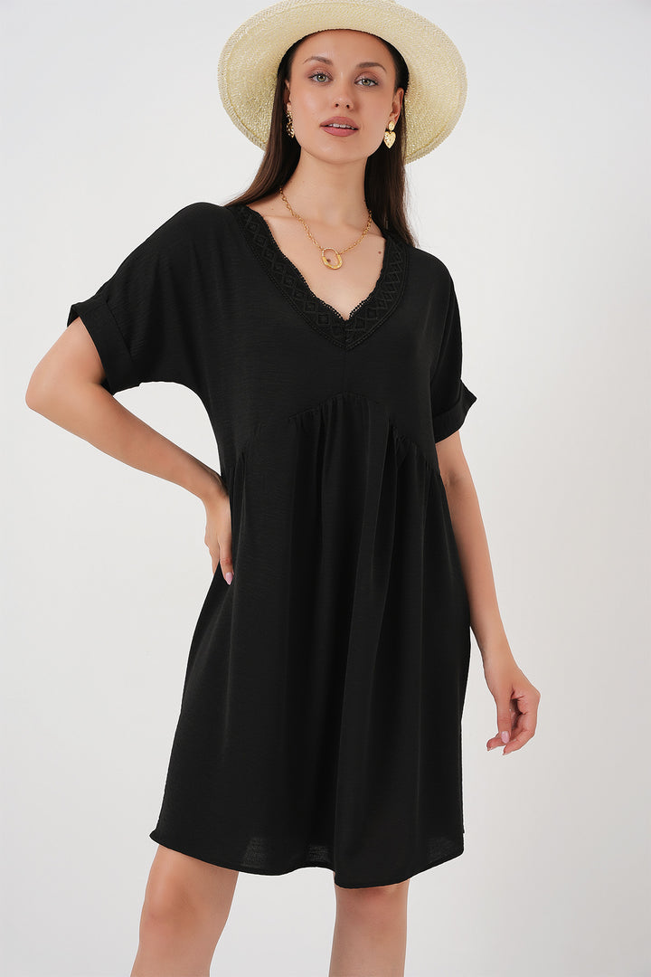 BGD Women Woman V Neck Short Sleeve Dress 2567 - Black - Attleboro