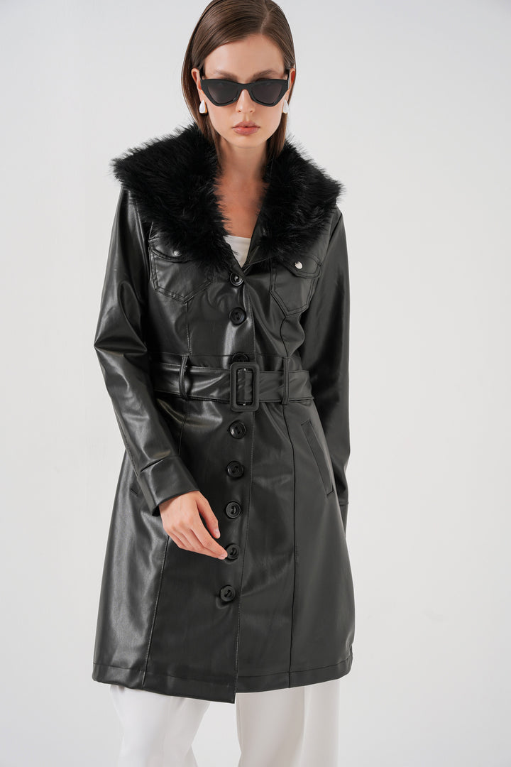 BGD Women Women's Collar Fur Leather Coat 1048 - Black - Diamond Bar