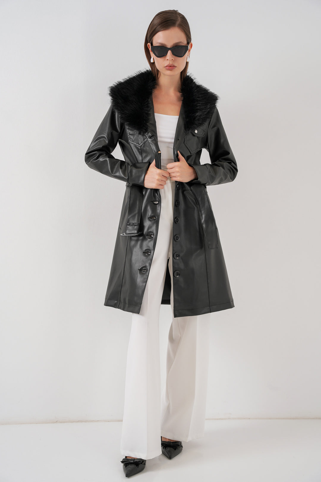 BGD Women Women's Collar Fur Leather Coat 1048 - Black - Diamond Bar