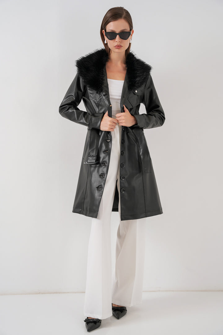 BGD Women Women's Collar Fur Leather Coat 1048 - Black - Diamond Bar