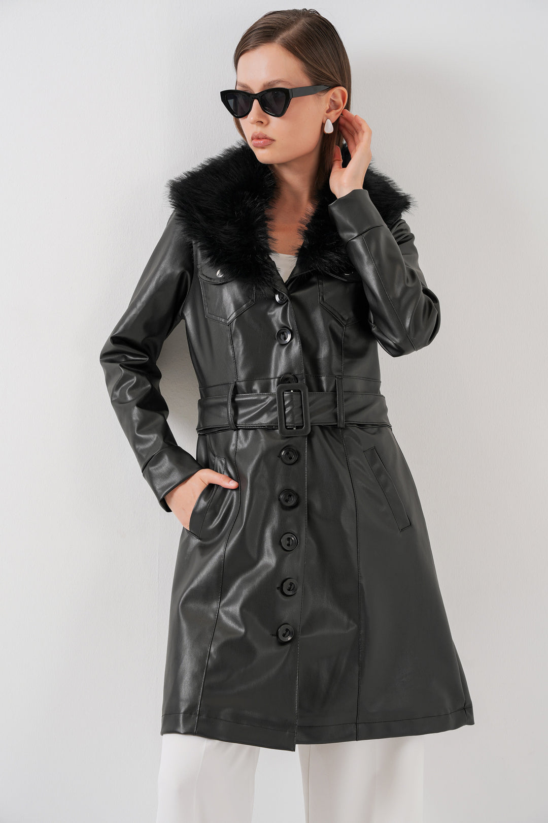 BGD Women Women's Collar Fur Leather Coat 1048 - Black - Diamond Bar