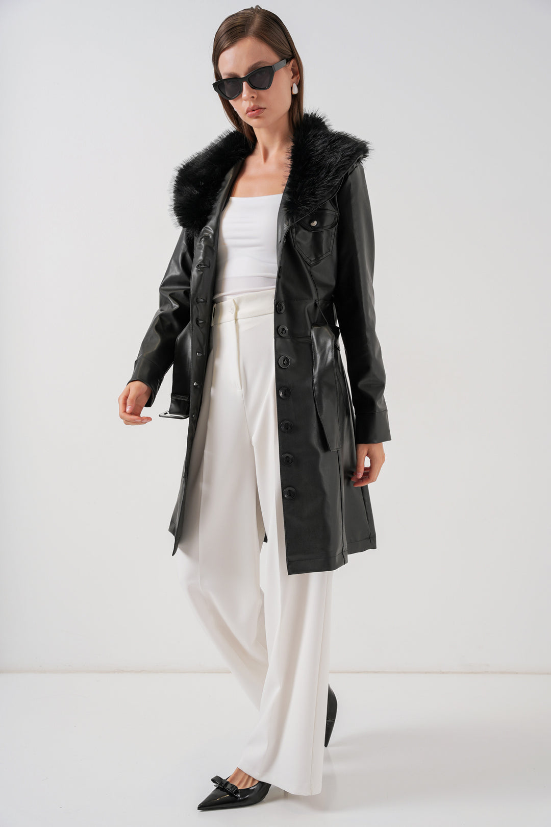 BGD Women Women's Collar Fur Leather Coat 1048 - Black - Diamond Bar