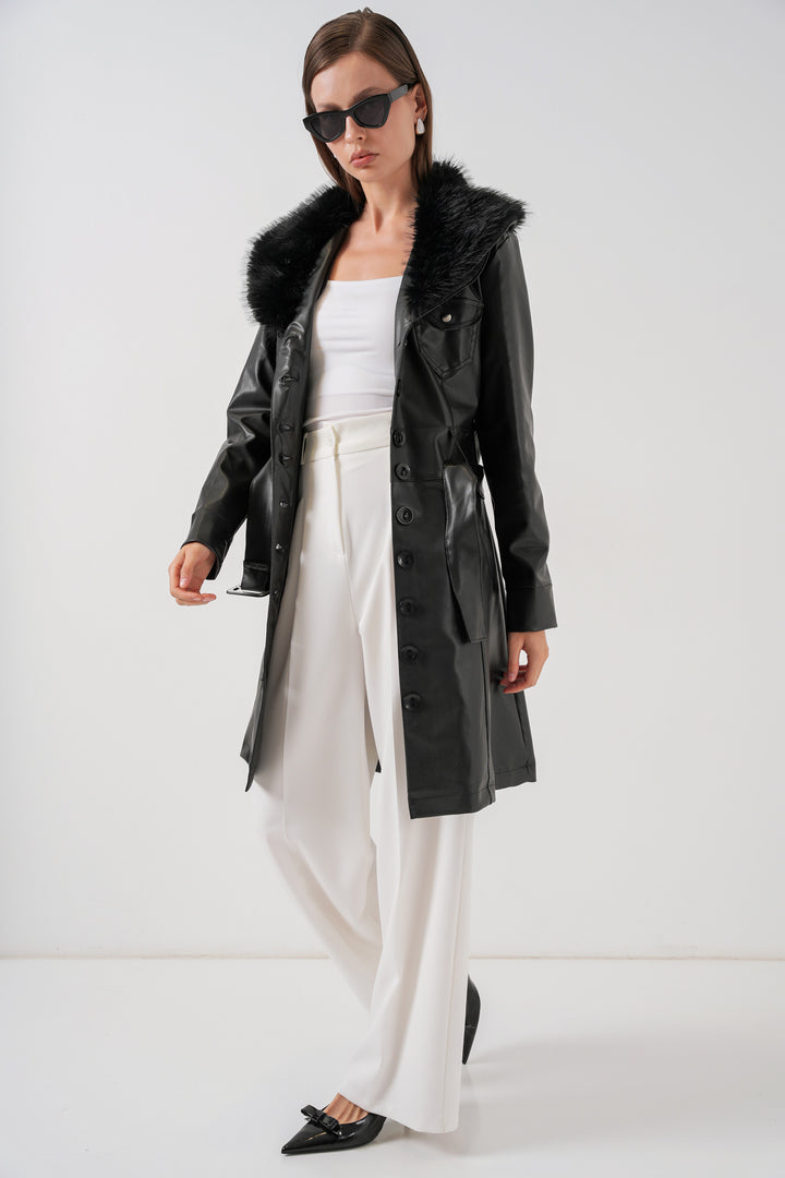 BGD Women Women's Collar Fur Leather Coat 1048 - Black - Diamond Bar