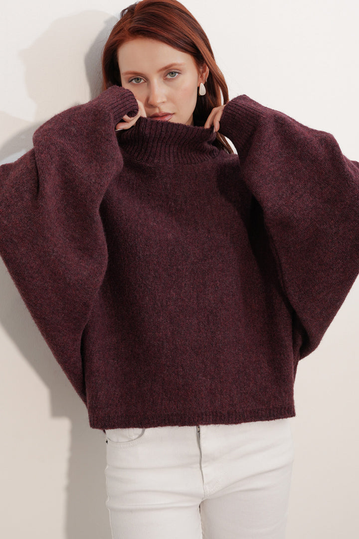 BGD Women Kadın Yarasa Kol Oversize Triko Kazak 15969 - Bordo - Corbeil-Essonnes