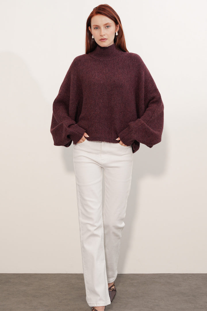 BGD Women Kadın Yarasa Kol Oversize Triko Kazak 15969 - Bordo - Corbeil-Essonnes