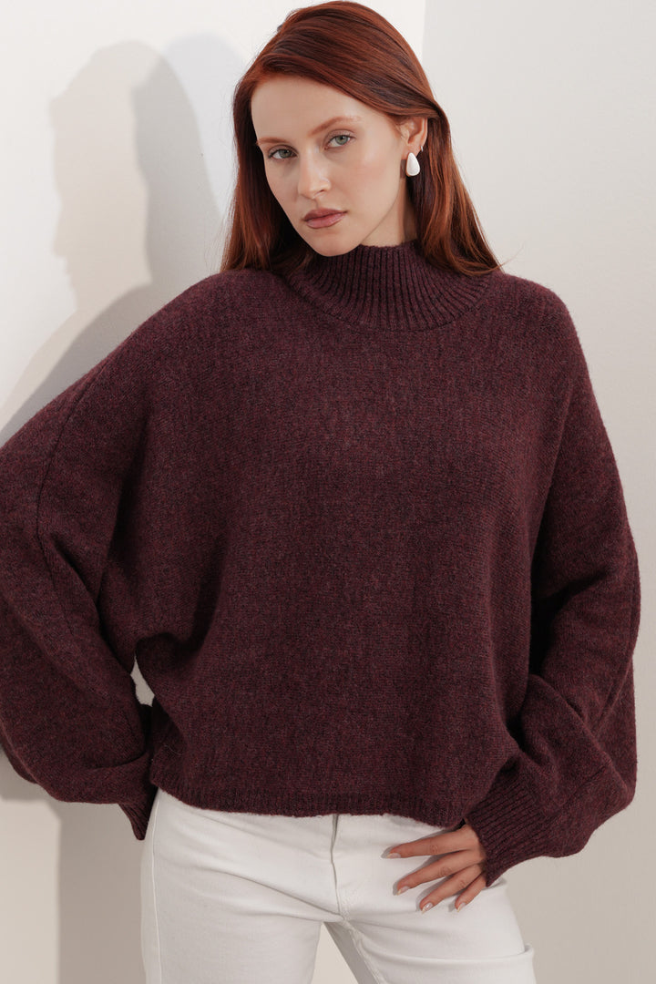 BGD Women Kadın Yarasa Kol Oversize Triko Kazak 15969 - Bordo - Corbeil-Essonnes