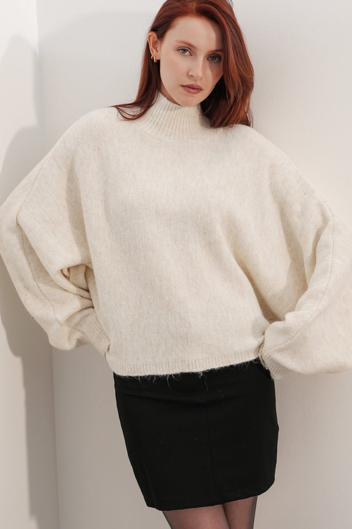 BGD Women Kadın Yarasa Kol Oversize Triko Kazak 15969 - Krem - West Seneca