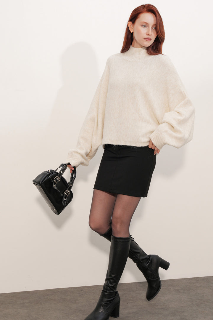 BGD Women Kadın Yarasa Kol Oversize Triko Kazak 15969 - Krem - West Seneca