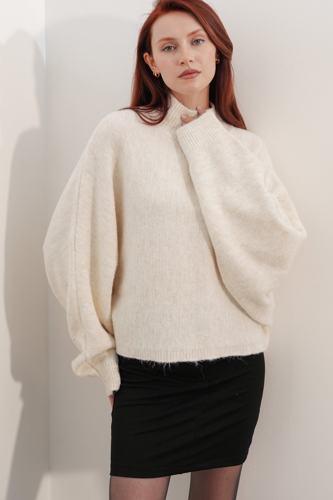 BGD Women Kadın Yarasa Kol Oversize Triko Kazak 15969 - Krem - West Seneca
