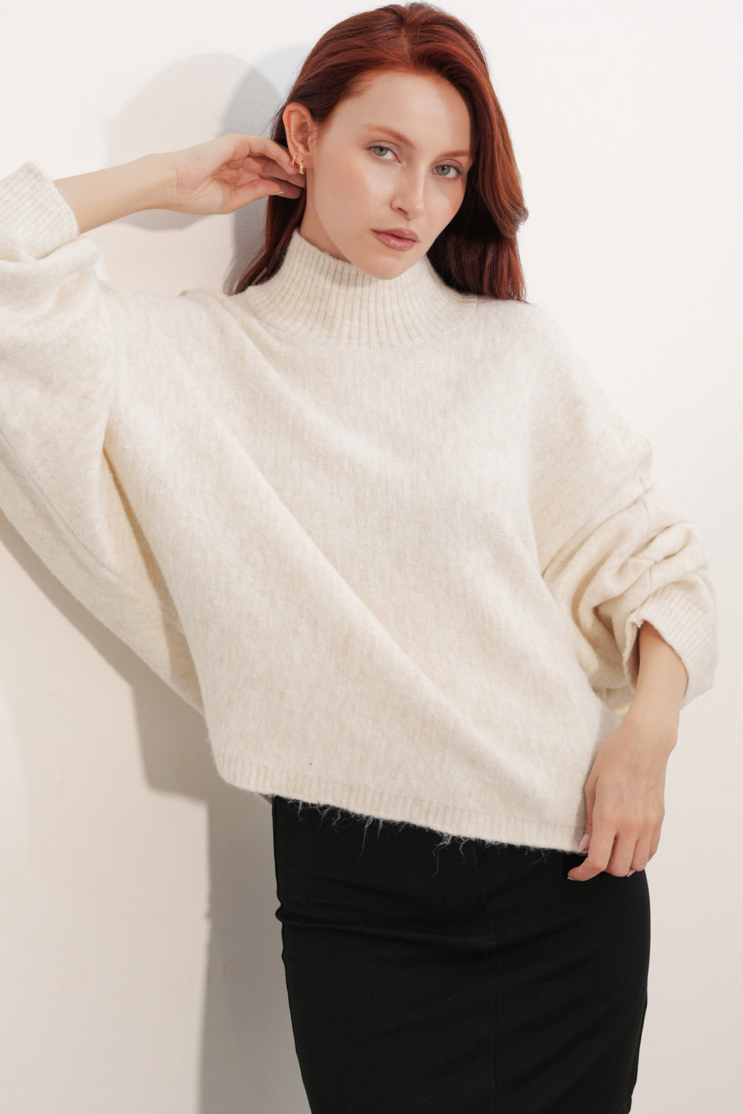 BGD Women Kadın Yarasa Kol Oversize Triko Kazak 15969 - Krem - West Seneca
