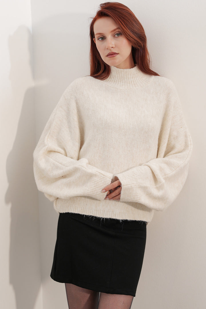 BGD Women Kadın Yarasa Kol Oversize Triko Kazak 15969 - Krem - West Seneca