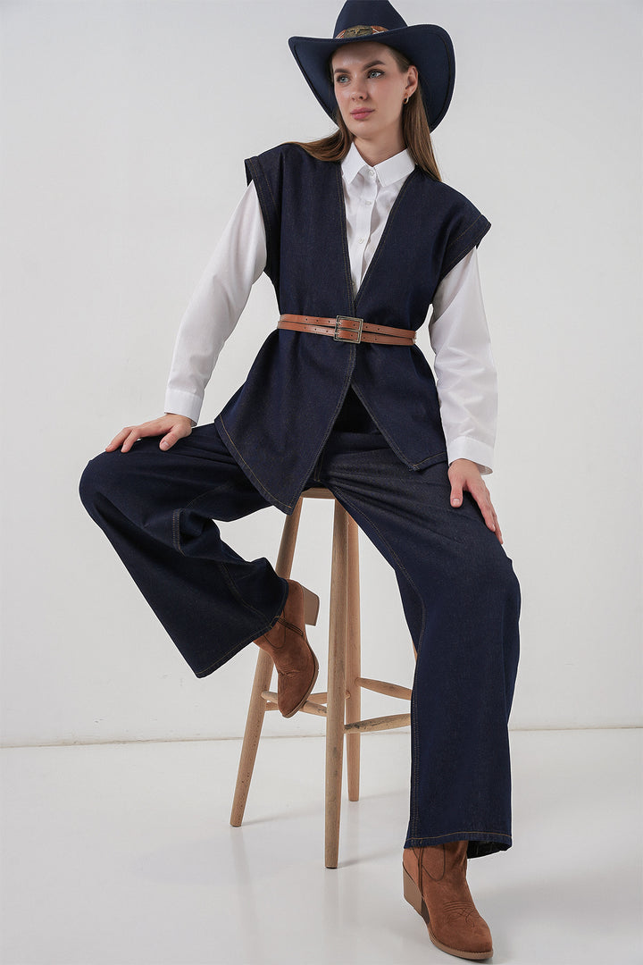 BGD Women Women's Vest Pants Denim Two Piece Set 30062 - Dark Blue - Haarlem