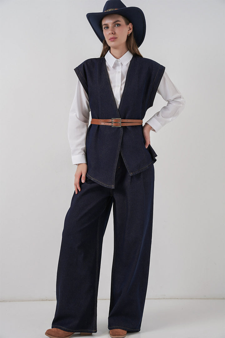 BGD Women Women's Vest Pants Denim Two Piece Set 30062 - Dark Blue - Haarlem