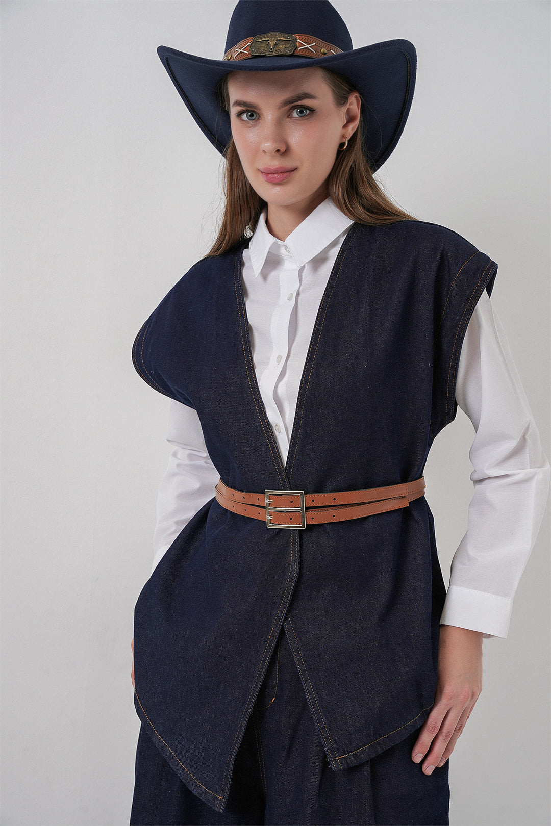 BGD Women Women's Vest Pants Denim Two Piece Set 30062 - Dark Blue - Haarlem