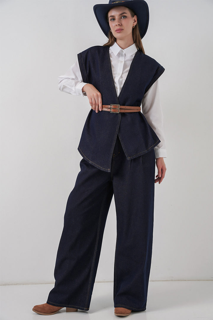 BGD Women Women's Vest Pants Denim Two Piece Set 30062 - Dark Blue - Haarlem