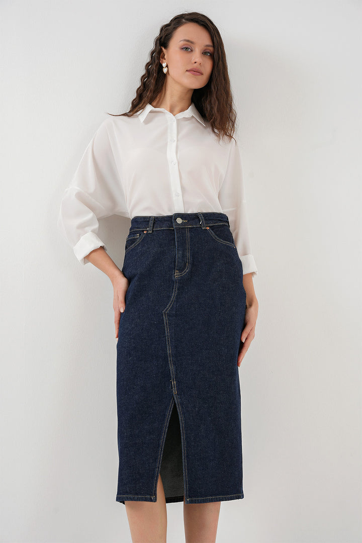 BGD Women Women's Slit Midi Denim Skirt 8038 - Navy Blue - Biel/Bienne