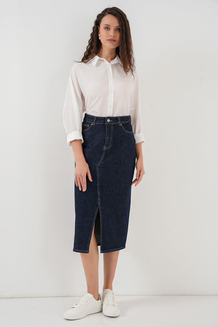 BGD Women Women's Slit Midi Denim Skirt 8038 - Navy Blue - Biel/Bienne