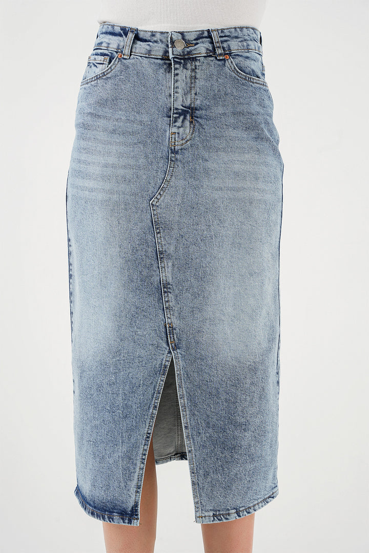 BGD Women Woman Slit Midi Denim Skirt 8038 - Blue - Dzhankoi