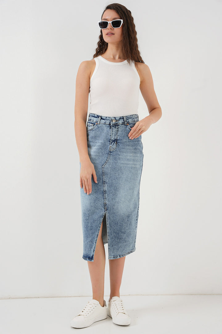 BGD Women Woman Slit Midi Denim Skirt 8038 - Blue - Dzhankoi