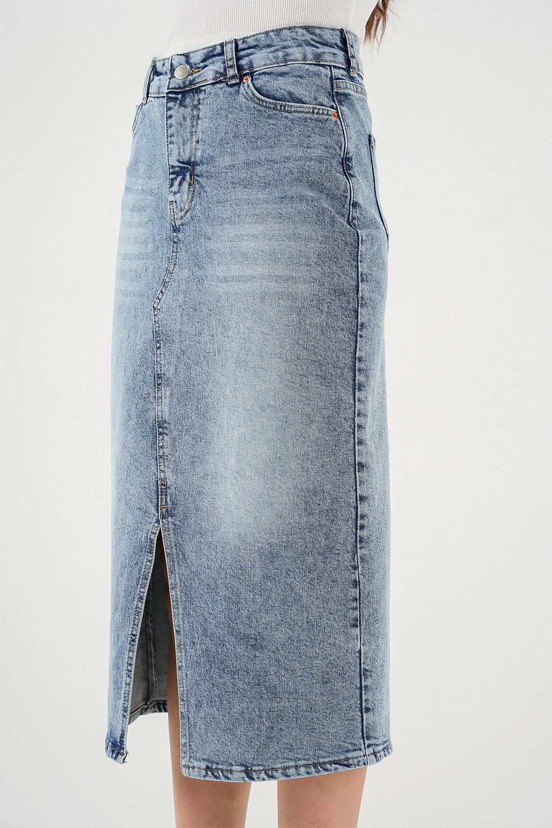 BGD Women Woman Slit Midi Denim Skirt 8038 - Blue - Dzhankoi