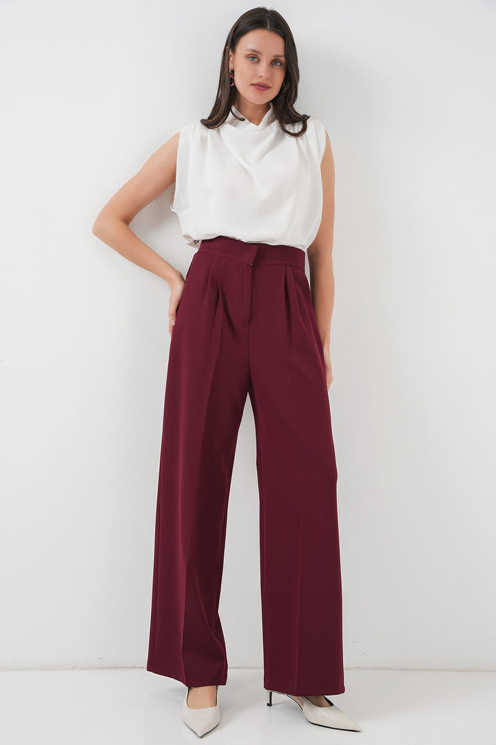 BGD Women Women's High Waist Wide Leg Fabric Pants 6697 - Burgundy - Florence