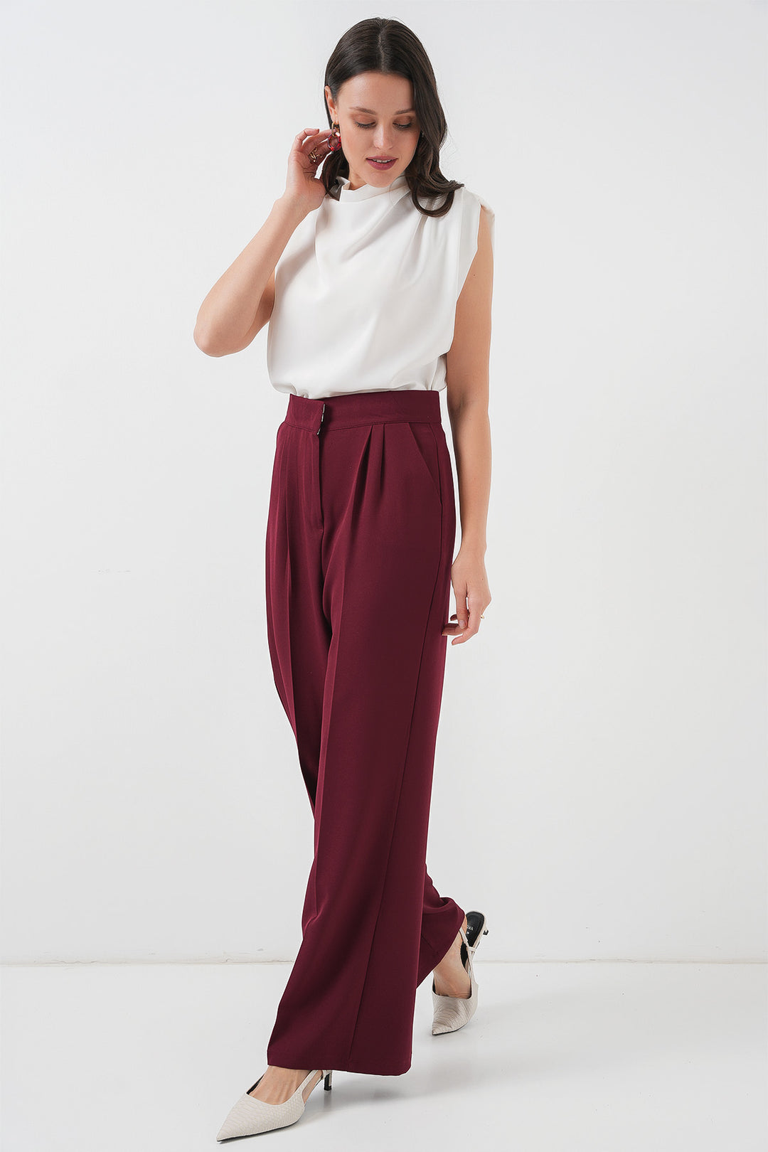 BGD Women Women's High Waist Wide Leg Fabric Pants 6697 - Burgundy - Florence