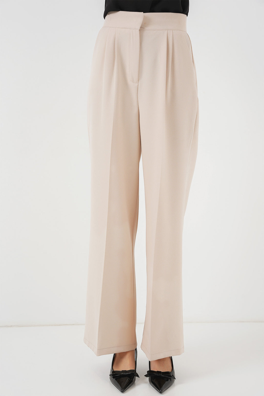 BGD Women Women's High Waist Wide Leg Fabric Pants 6697 - Cream - Cambridge