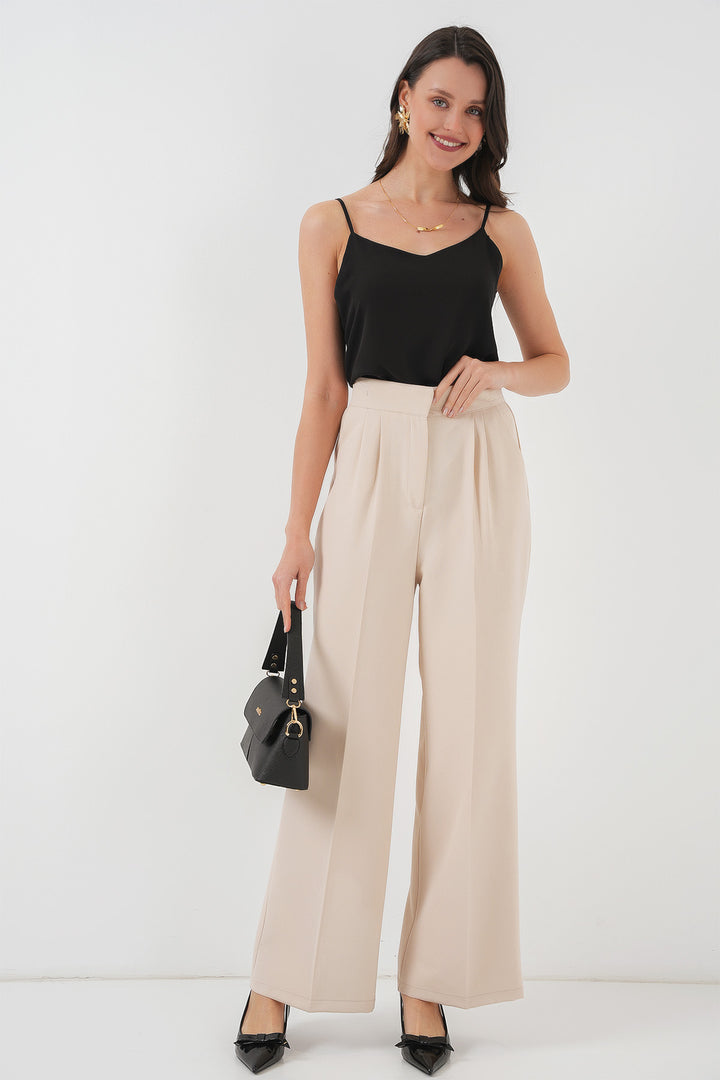 BGD Women Women's High Waist Wide Leg Fabric Pants 6697 - Cream - Cambridge