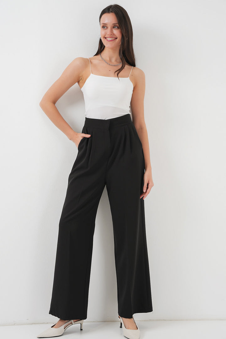 BGD Women Women's High Waist Wide Leg Fabric Pants 6697 - Black - ’s-Hertogenbosch