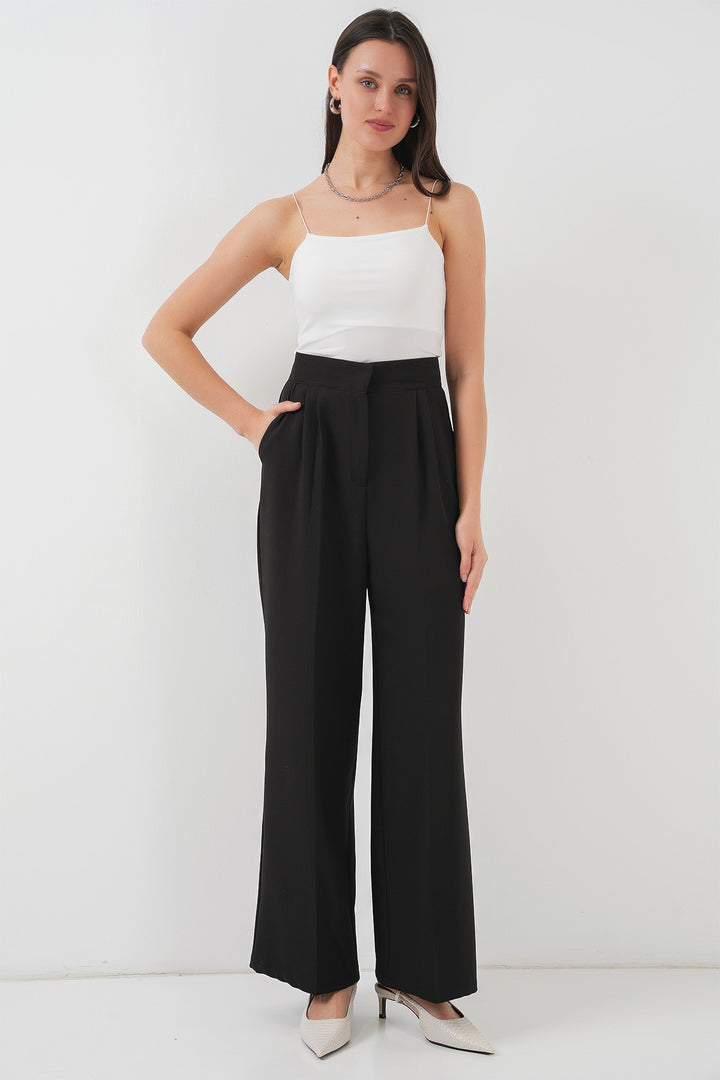 BGD Women Women's High Waist Wide Leg Fabric Pants 6697 - Black - ’s-Hertogenbosch
