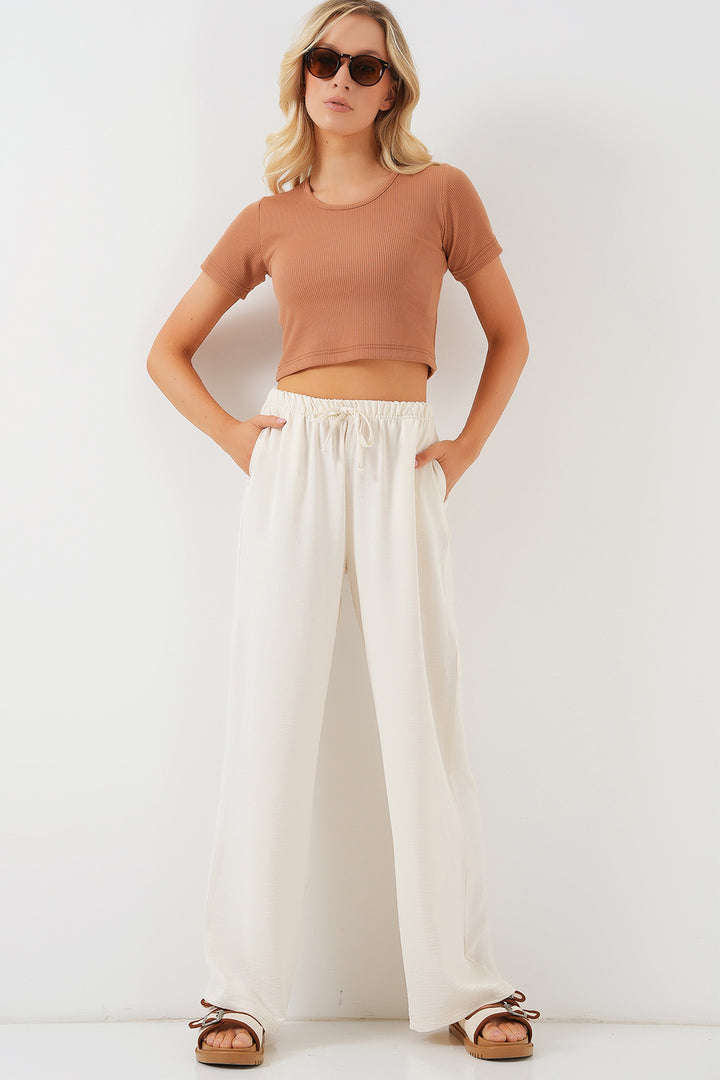 BGD Women Women's High Waist Wide Leg Pants - Cream - Wallsend