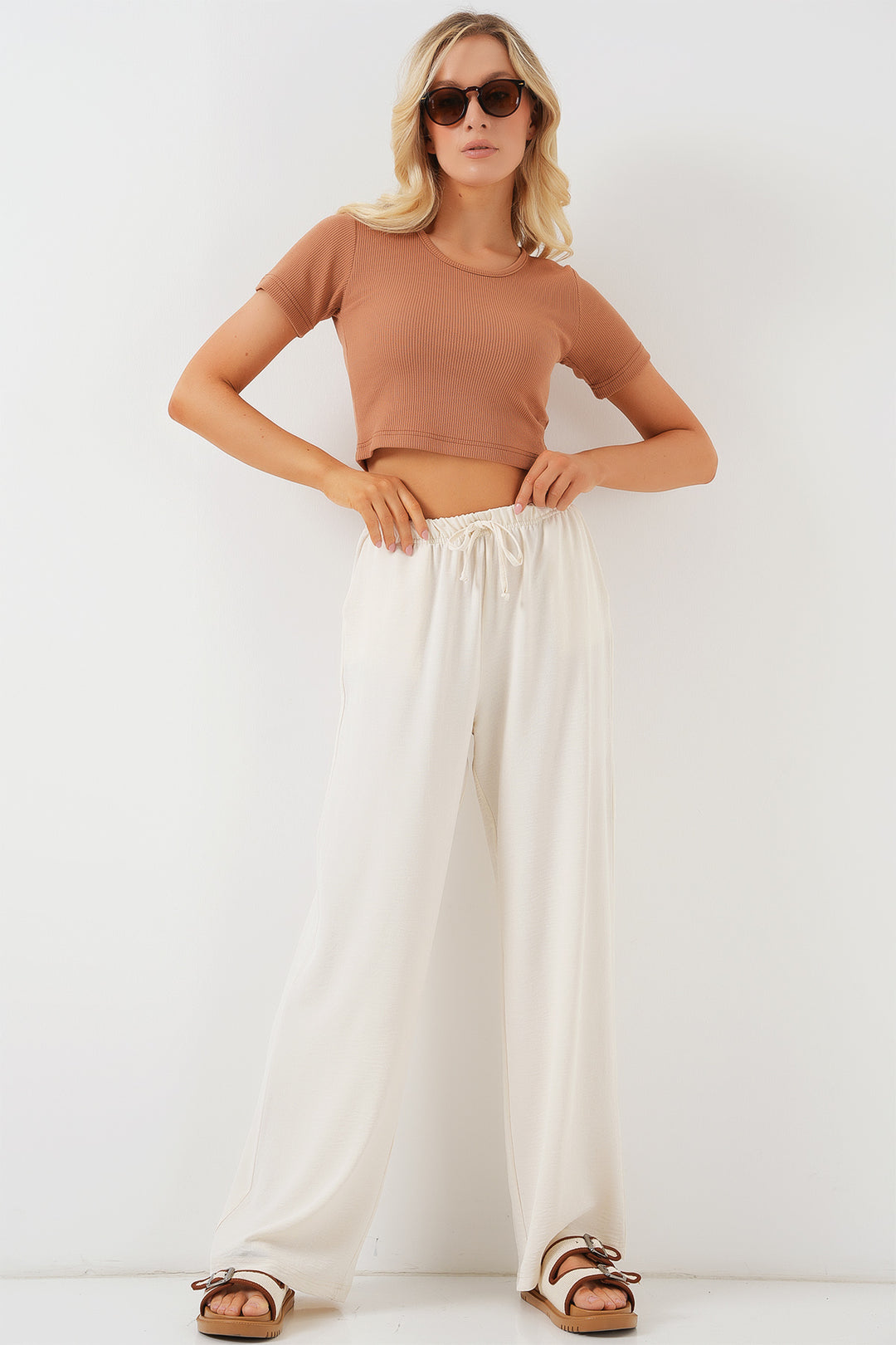 BGD Women Women's High Waist Wide Leg Pants - Cream - Wallsend