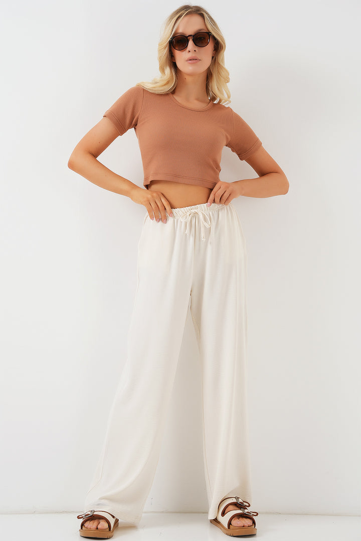 BGD Women Women's High Waist Wide Leg Pants - Cream - Wallsend