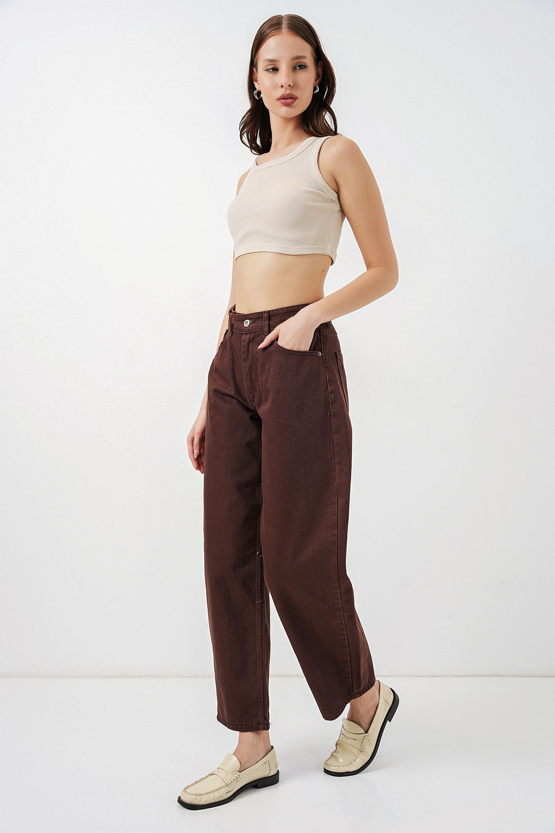 BGD Women Kadın Yüksek Bel Kot Pantolon 30081 - Kahverengi - Kanasín