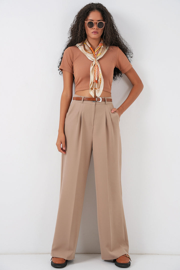 BGD Women Women's High Waist Palazzo Pants 30051 - Beige - Stamford