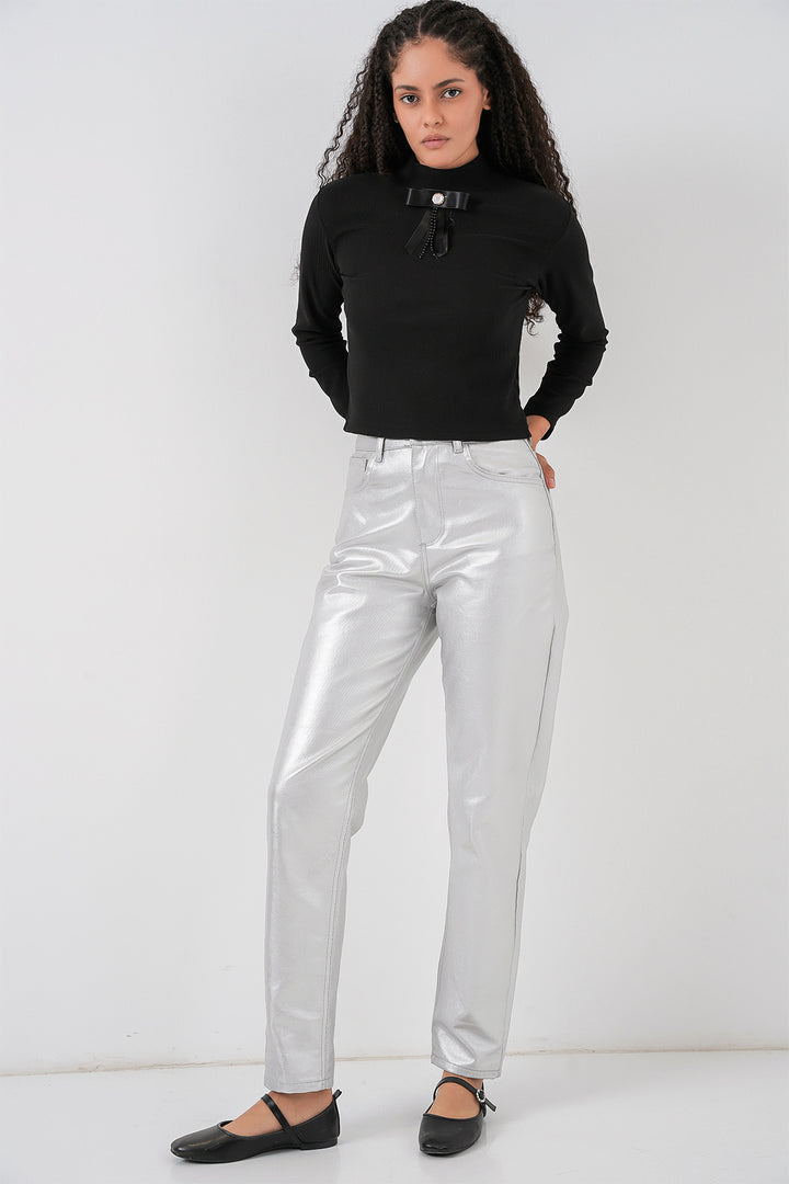 BGD Women Kadın Yüksek Bel Parlak Pantolon 6738 - Gümüş - Amstelveen