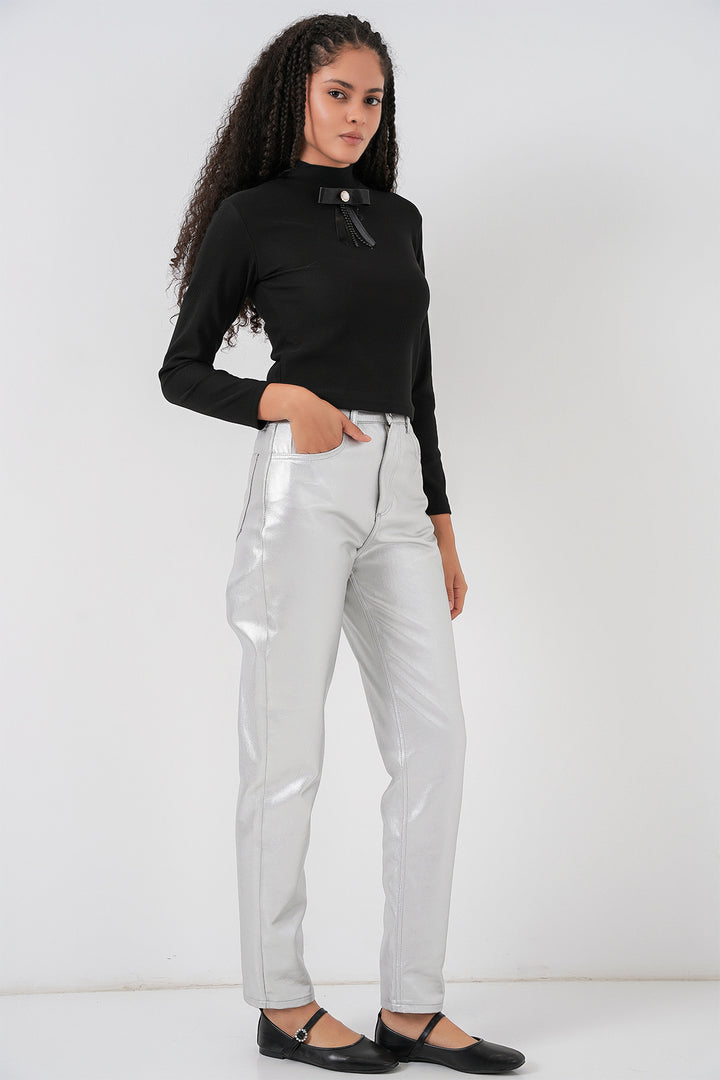 BGD Women Kadın Yüksek Bel Parlak Pantolon 6738 - Gümüş - Amstelveen